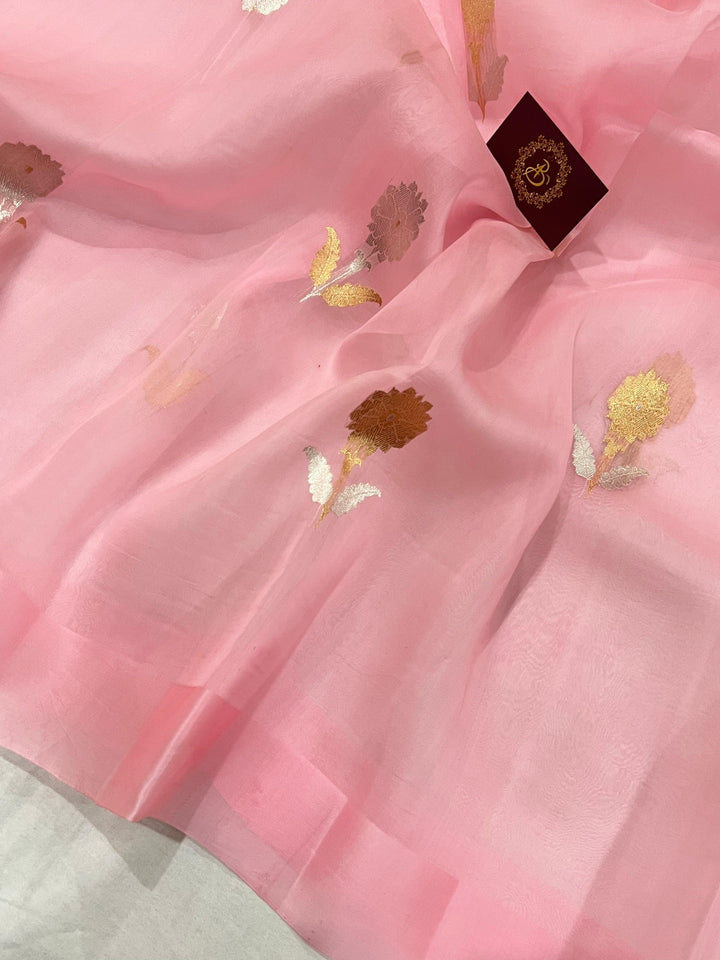 Baby Pink Banarasi Handloom Kora Silk Saree - Aura Benaras