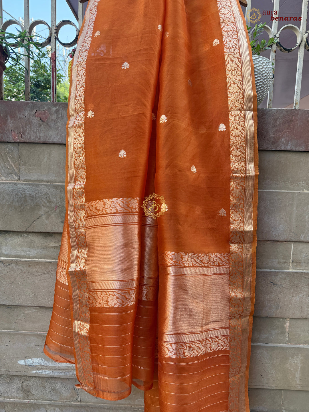 Rust Orange Kora Silk Banarasi Dupatta with Kadhwa Zari Work