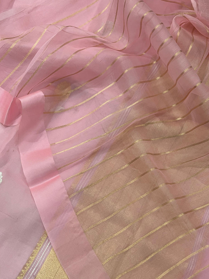 Baby Pink Banarasi Handloom Kora Silk Saree - Aura Benaras