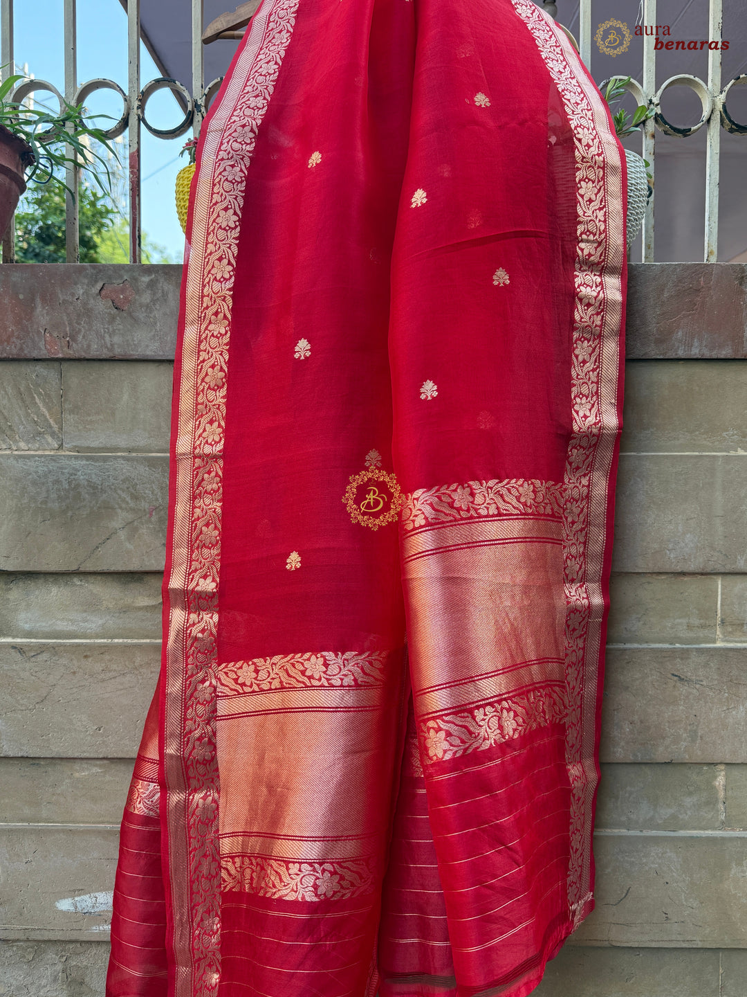 Red Kora Silk Banarasi Dupatta with Kadhwa Zari Work