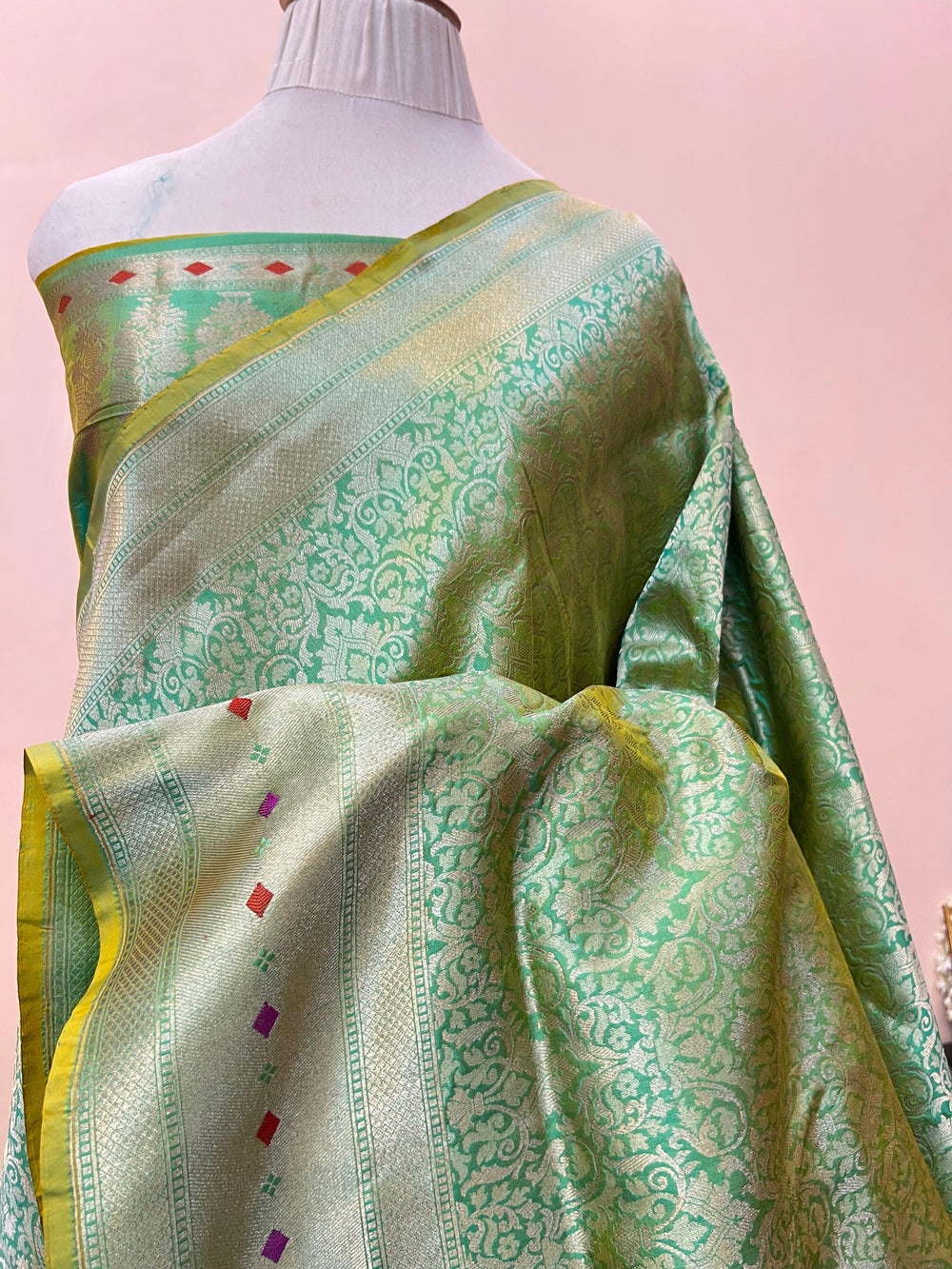 Pure Katan silk handloom Banarasi saree with golden geometric brocade and Meenakari designer border