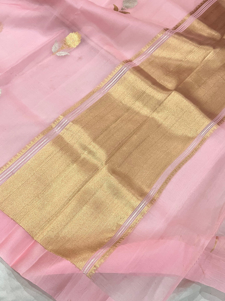 Baby Pink Banarasi Handloom Kora Silk Saree - Aura Benaras