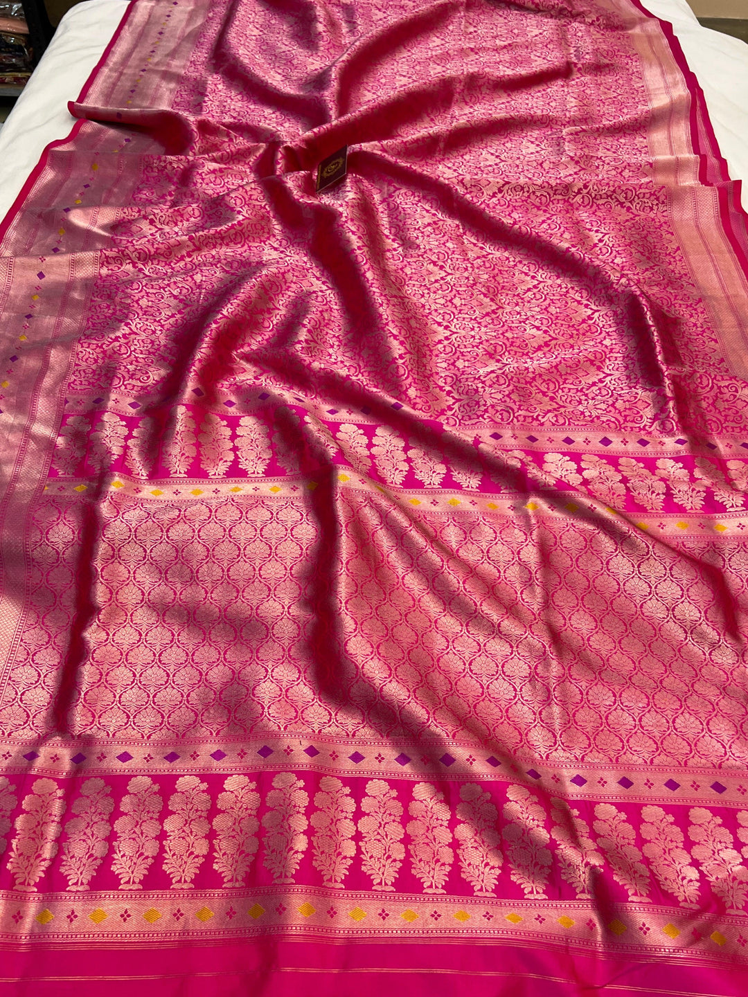 Pure Katan silk handloom Banarasi saree with golden geometric brocade and Meenakari designer border