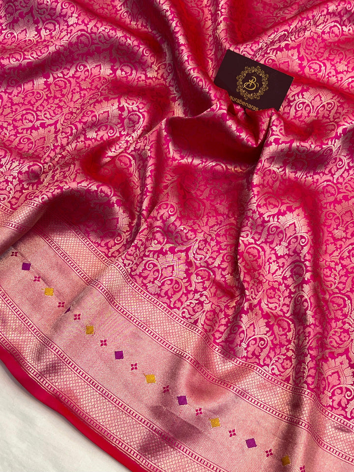 Golden zari geometric brocade work on pure Katan silk Banarasi saree with Meenakari border