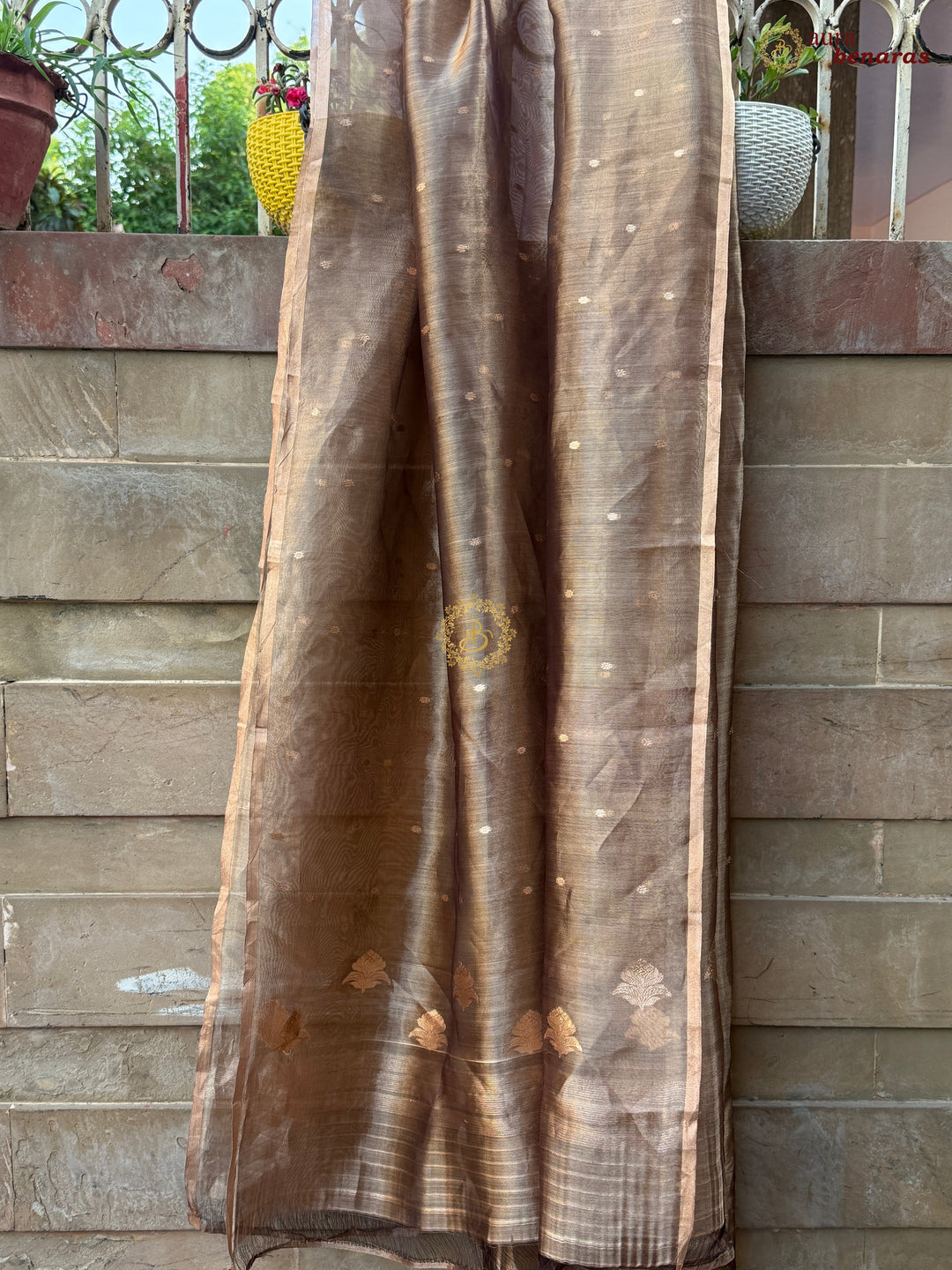 Brown Pure Banarasi Tissue Silk Dupatta with Kadhwa Zari Work