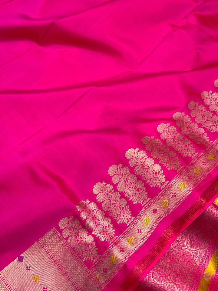 Plain blouse piece with matching border included with pure Katan silk Banarasi saree