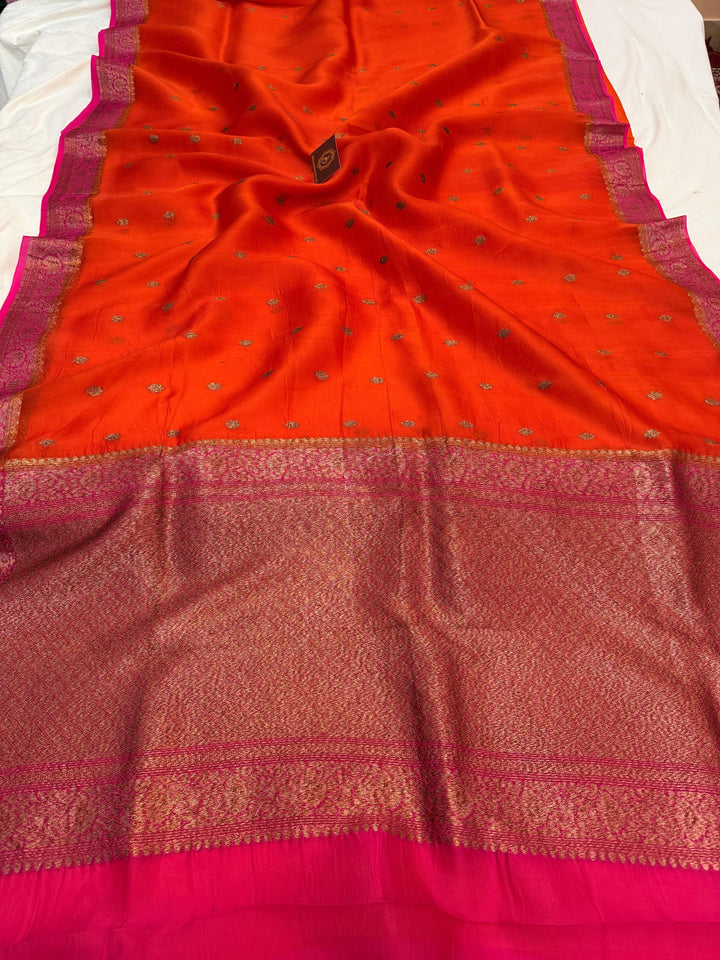 Orange Pure Kora Silk Handloom Banarasi Saree