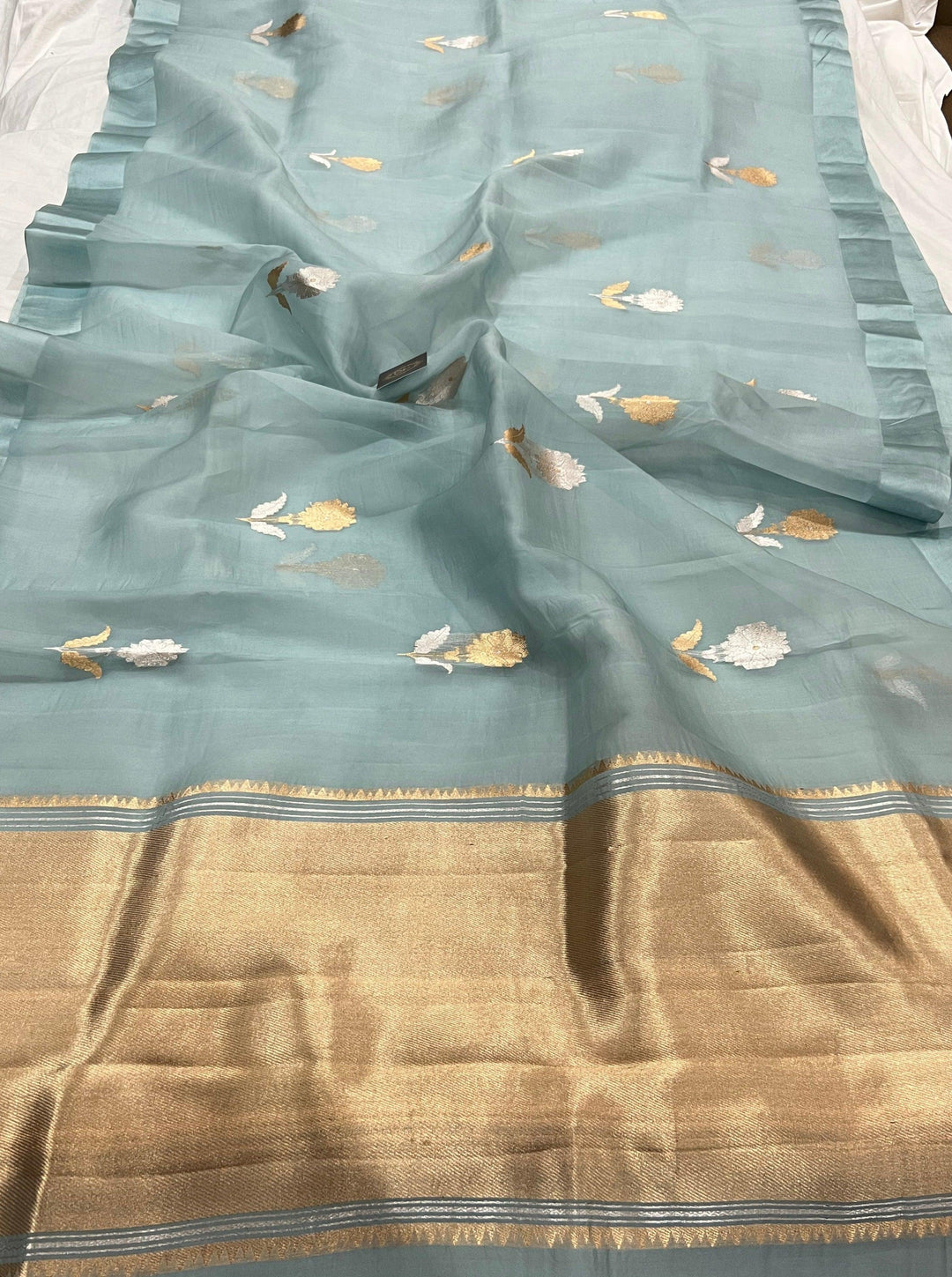 Blue Banarasi Handloom Kora Silk Saree - Aura Benaras