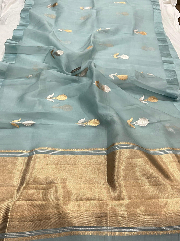 Blue Banarasi Handloom Kora Silk Saree - Aura Benaras