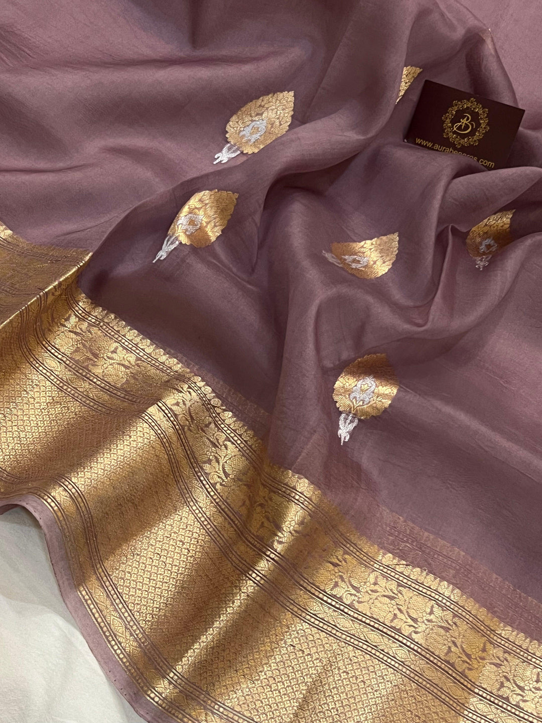 Dusky Lavender Pure Banarasi Handloom Kora Silk Saree - Aura Benaras