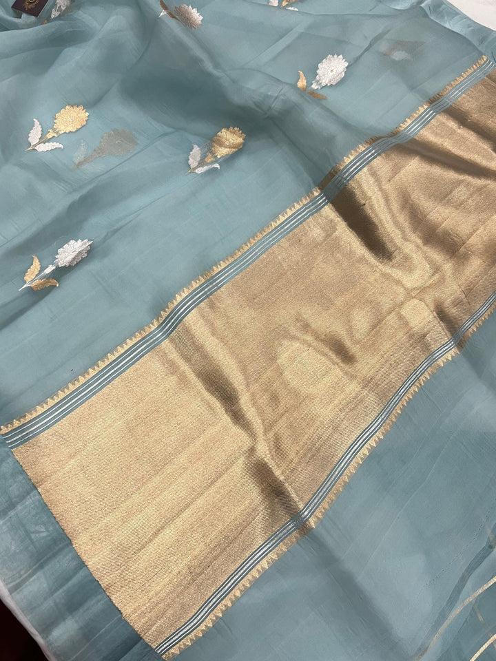 Blue Banarasi Handloom Kora Silk Saree - Aura Benaras