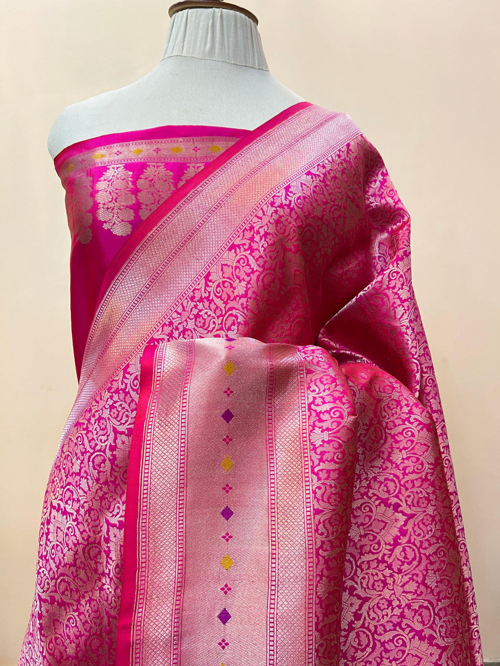 Pure Katan silk handloom Banarasi saree with golden geometric brocade and Meenakari designer border