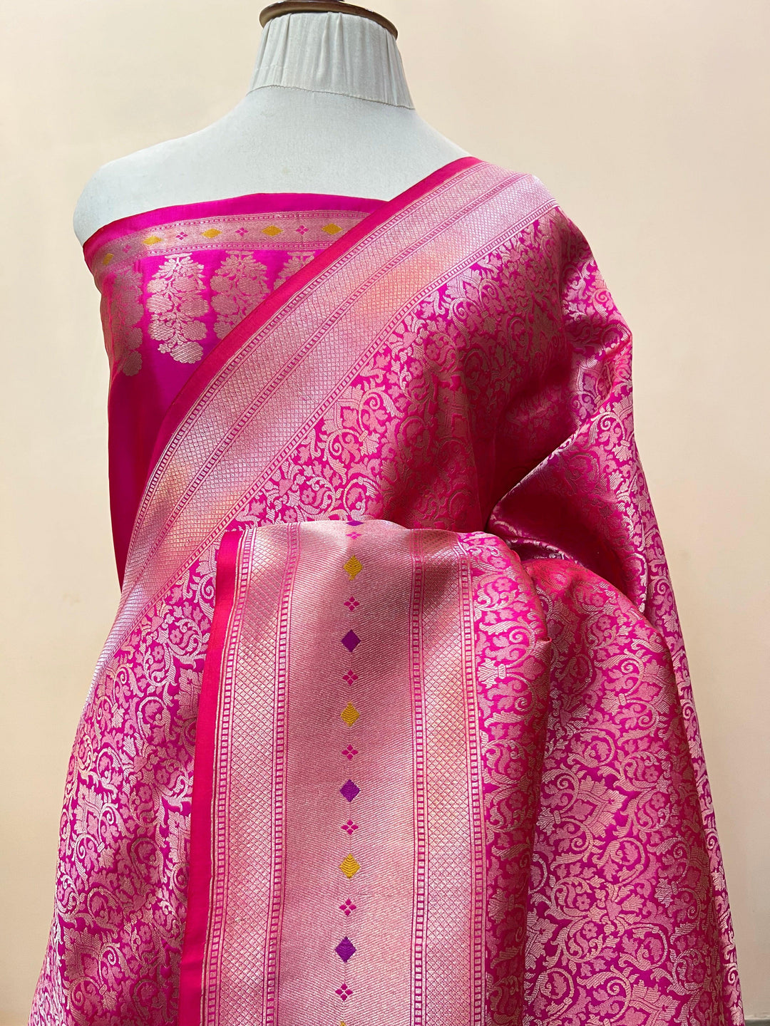 Pure Katan silk handloom Banarasi saree with golden geometric brocade and Meenakari designer border
