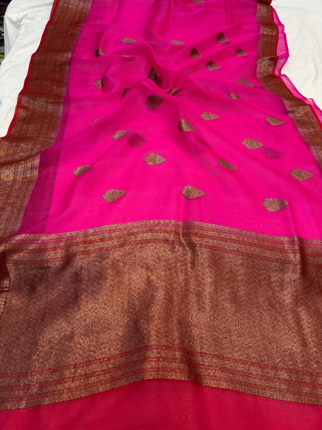 Rani Pink Pure Kora Silk Handloom Banarasi Saree