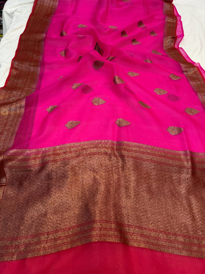 Rani Pink Pure Kora Silk Handloom Banarasi Saree
