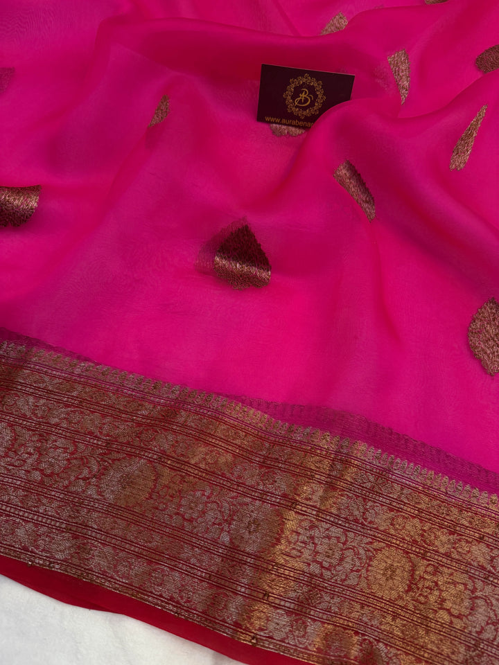 Rani Pink Pure Kora Silk Handloom Banarasi Saree