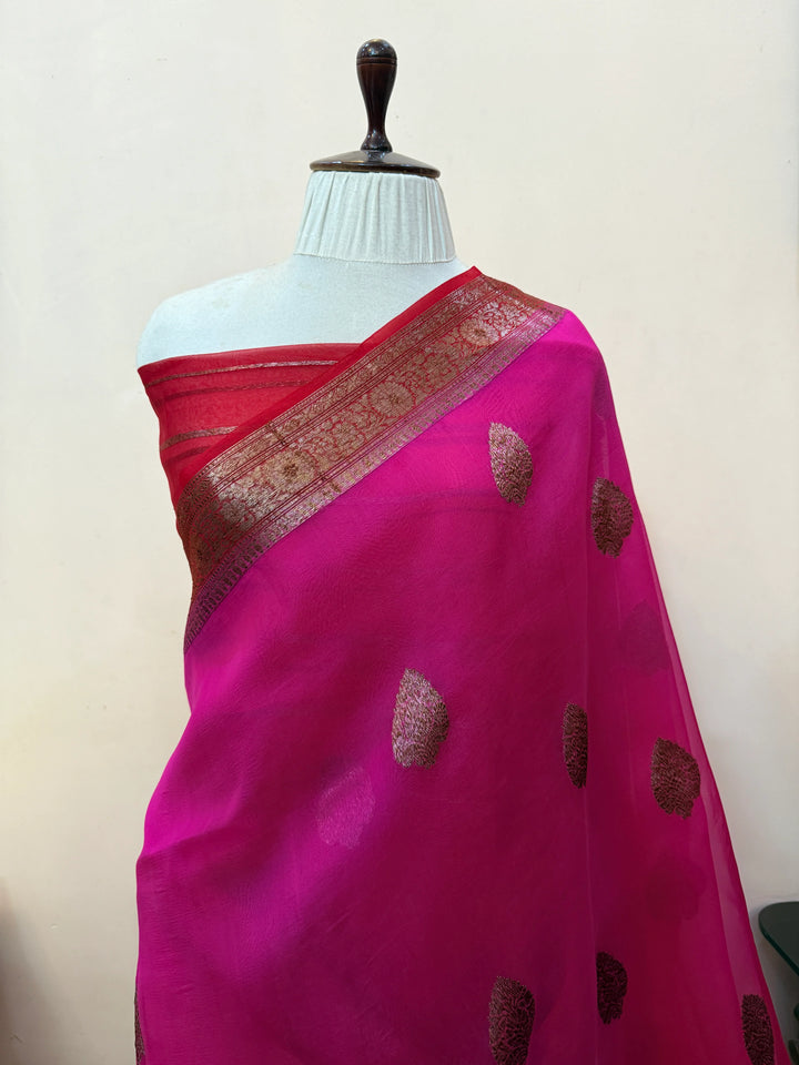 Rani Pink Pure Kora Silk Handloom Banarasi Saree