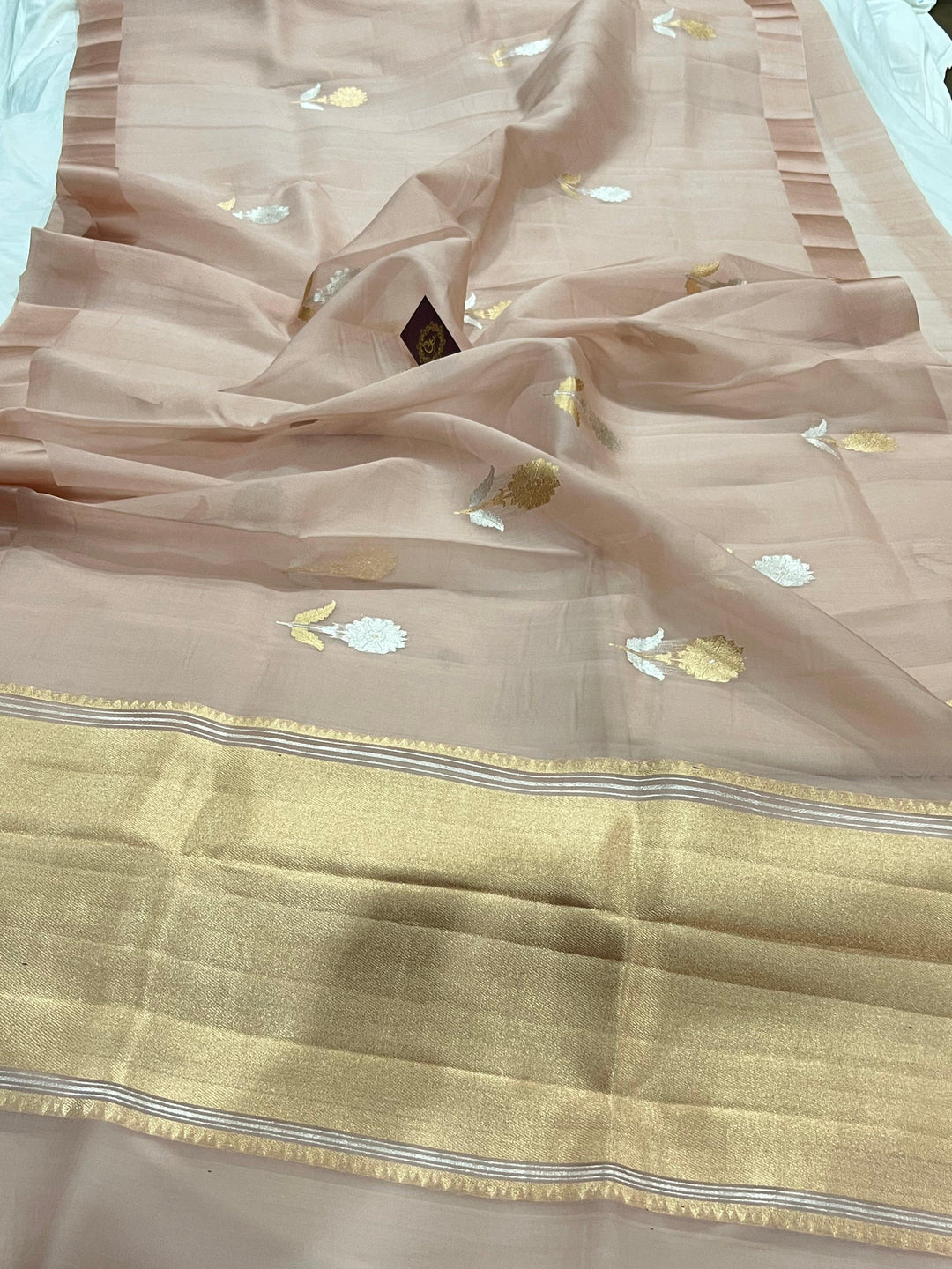 Dusky Peach Banarasi Handloom Kora Silk Saree - Aura Benaras