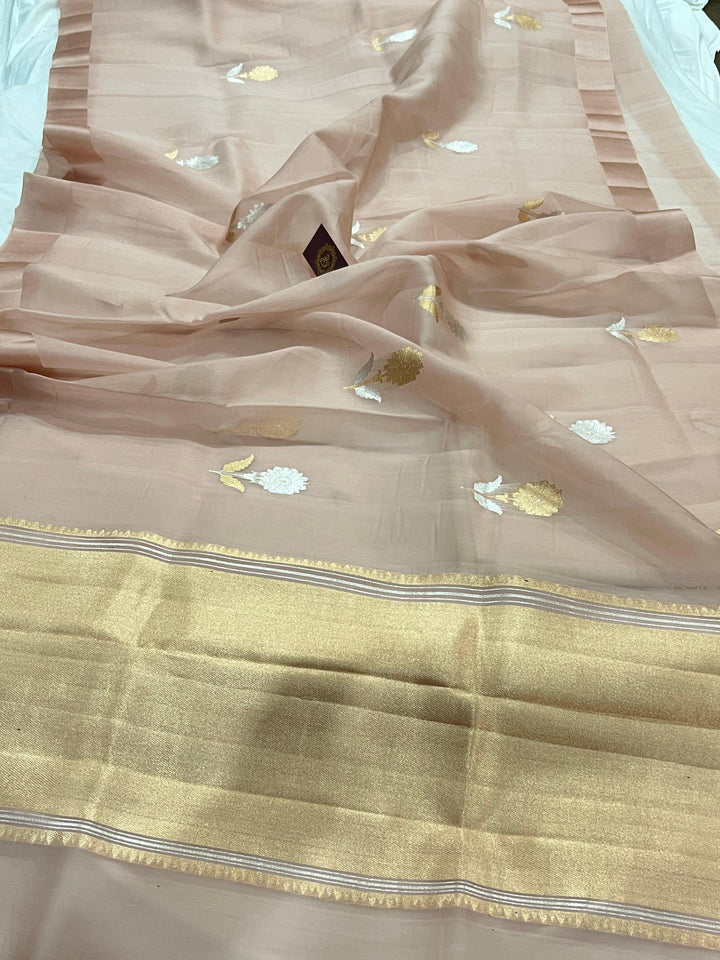 Dusky Peach Banarasi Handloom Kora Silk Saree - Aura Benaras
