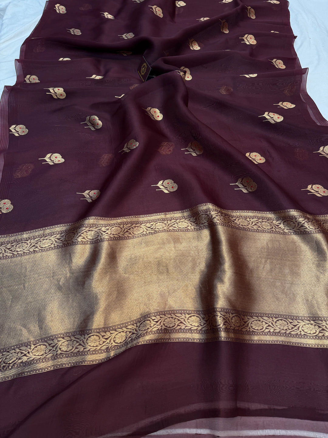 Brown Pure Kora Silk Handloom Banarasi Saree
