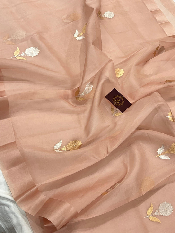 Dusky Peach Banarasi Handloom Kora Silk Saree - Aura Benaras