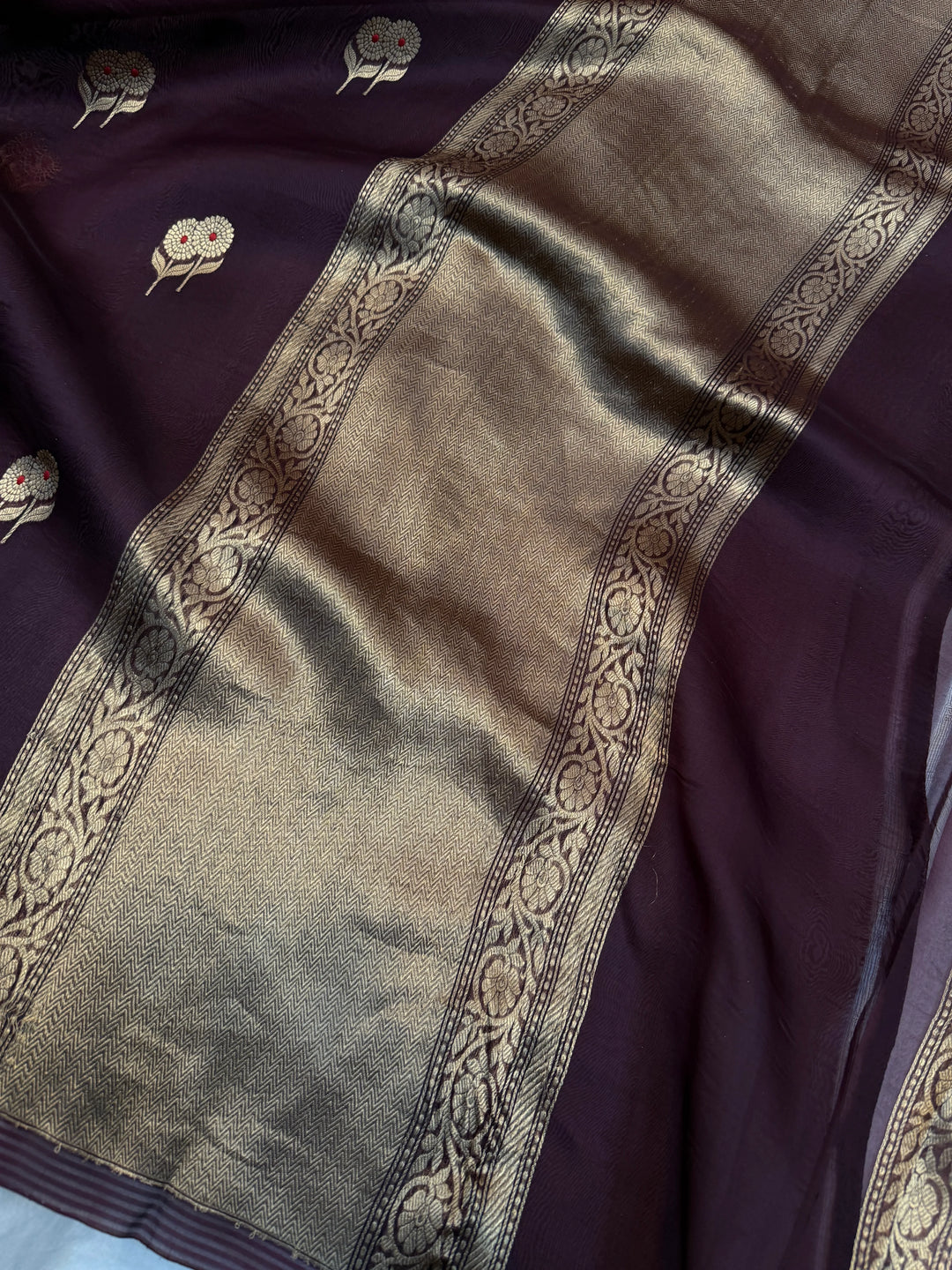 Brown Pure Kora Silk Handloom Banarasi Saree