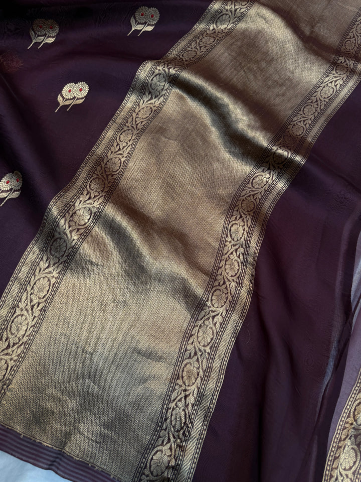 Brown Pure Kora Silk Handloom Banarasi Saree