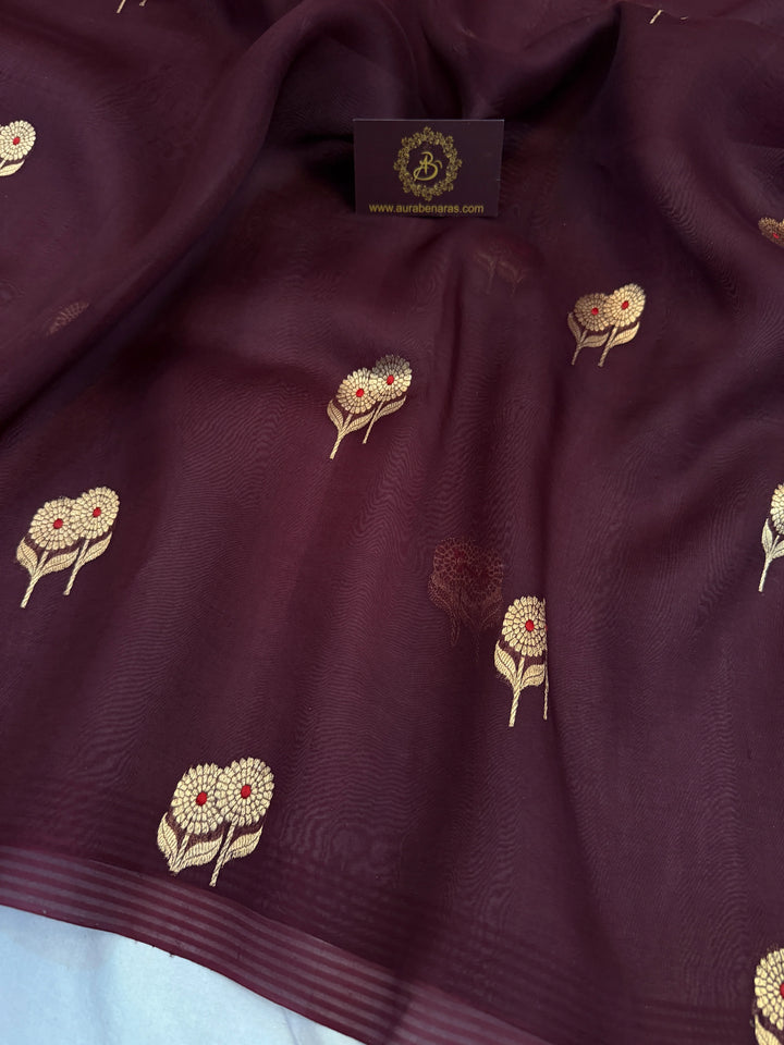 Brown Pure Kora Silk Handloom Banarasi Saree