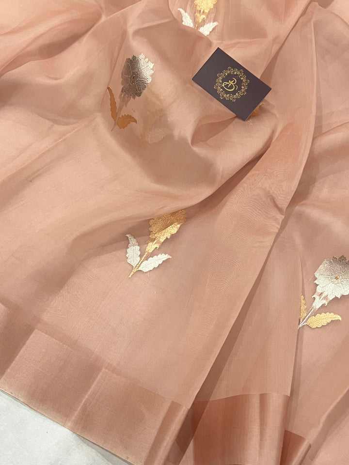 Dusky Peach Banarasi Handloom Kora Silk Saree - Aura Benaras