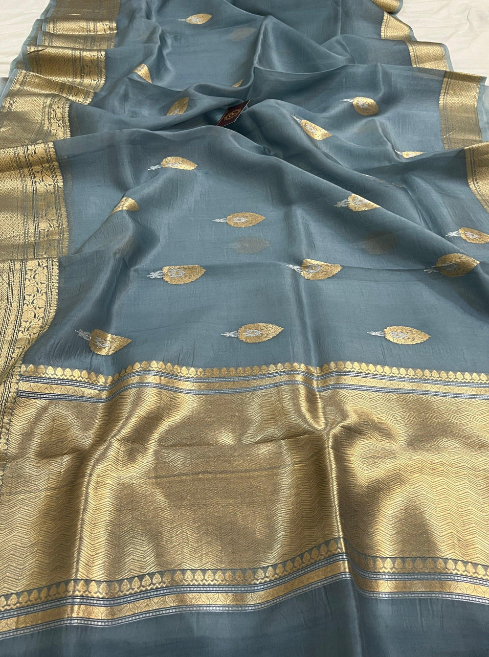 Airforce Blue Pure Banarasi Handloom Kora Silk Saree - Aura Benaras