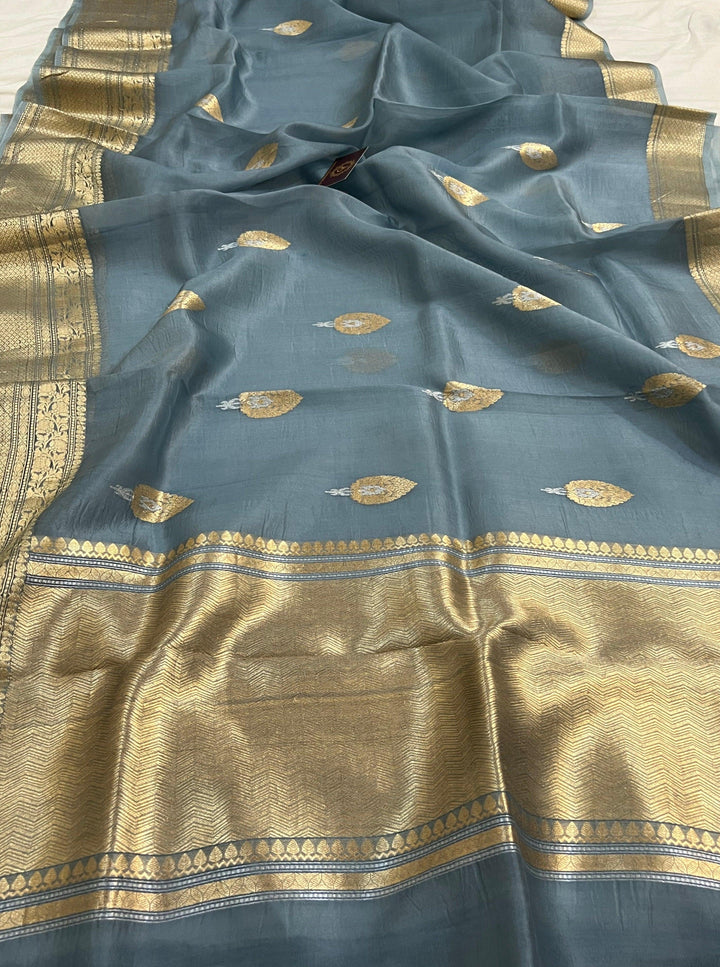 Airforce Blue Pure Banarasi Handloom Kora Silk Saree - Aura Benaras