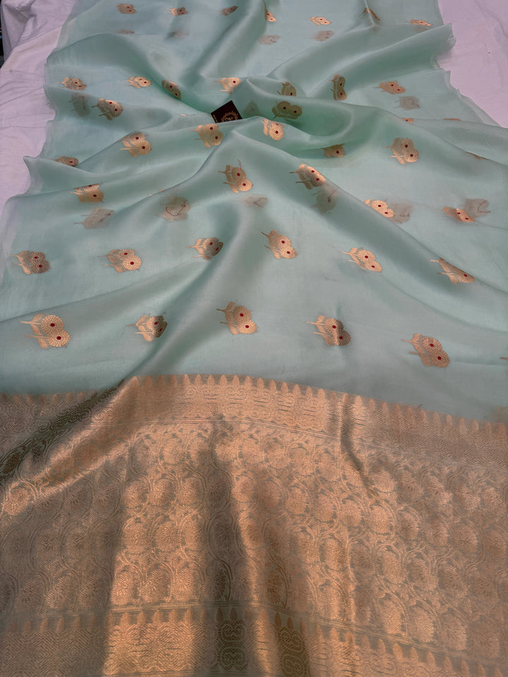 Mint Green Pure Kora Silk Handloom Banarasi Saree