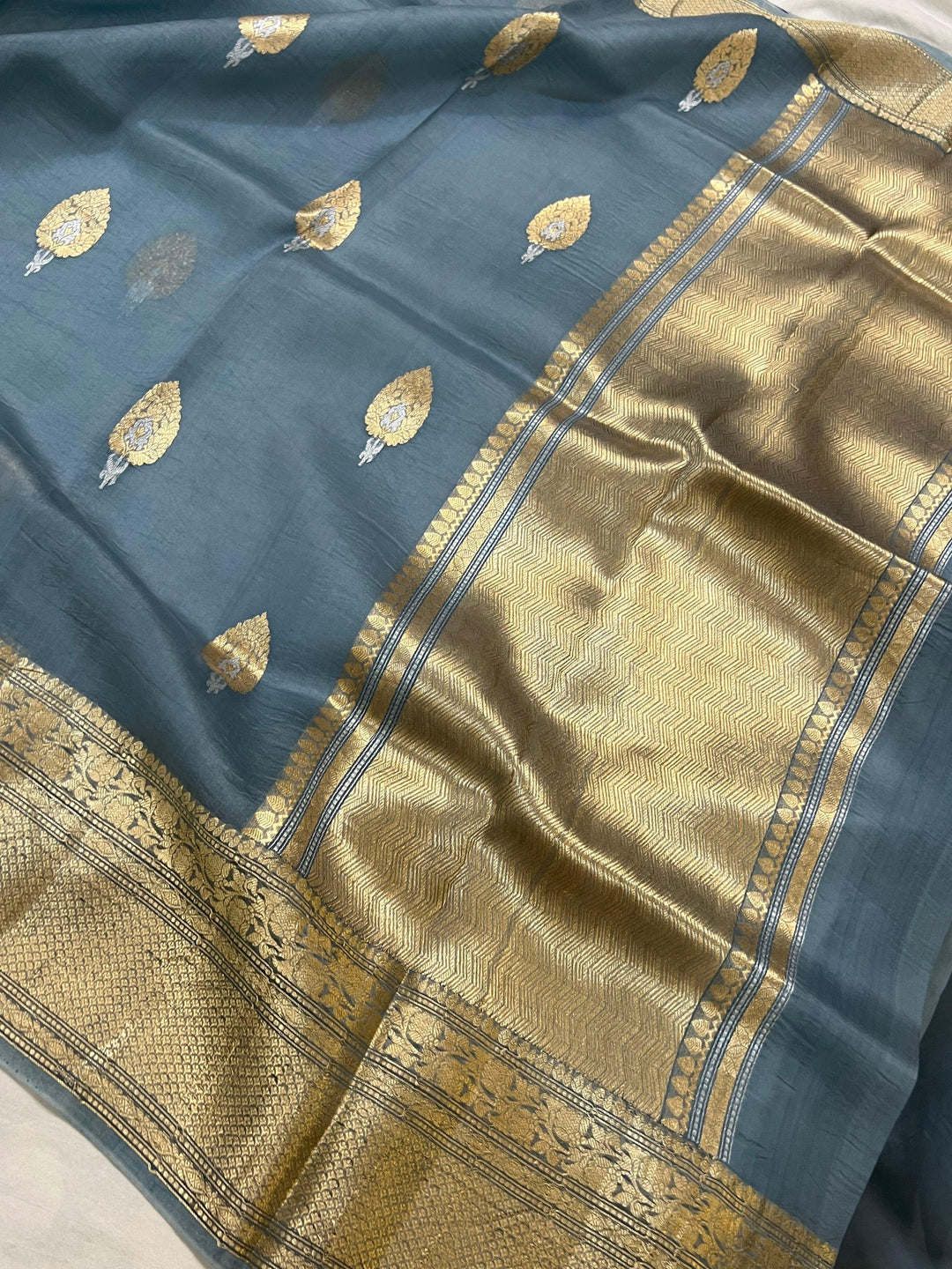 Airforce Blue Pure Banarasi Handloom Kora Silk Saree - Aura Benaras