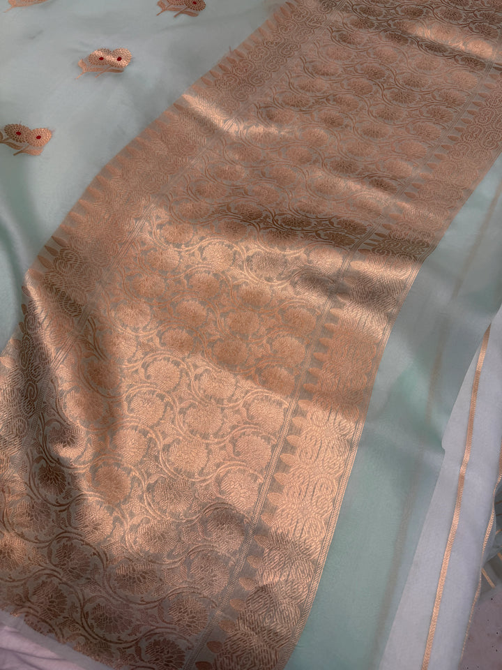 Mint Green Pure Kora Silk Handloom Banarasi Saree