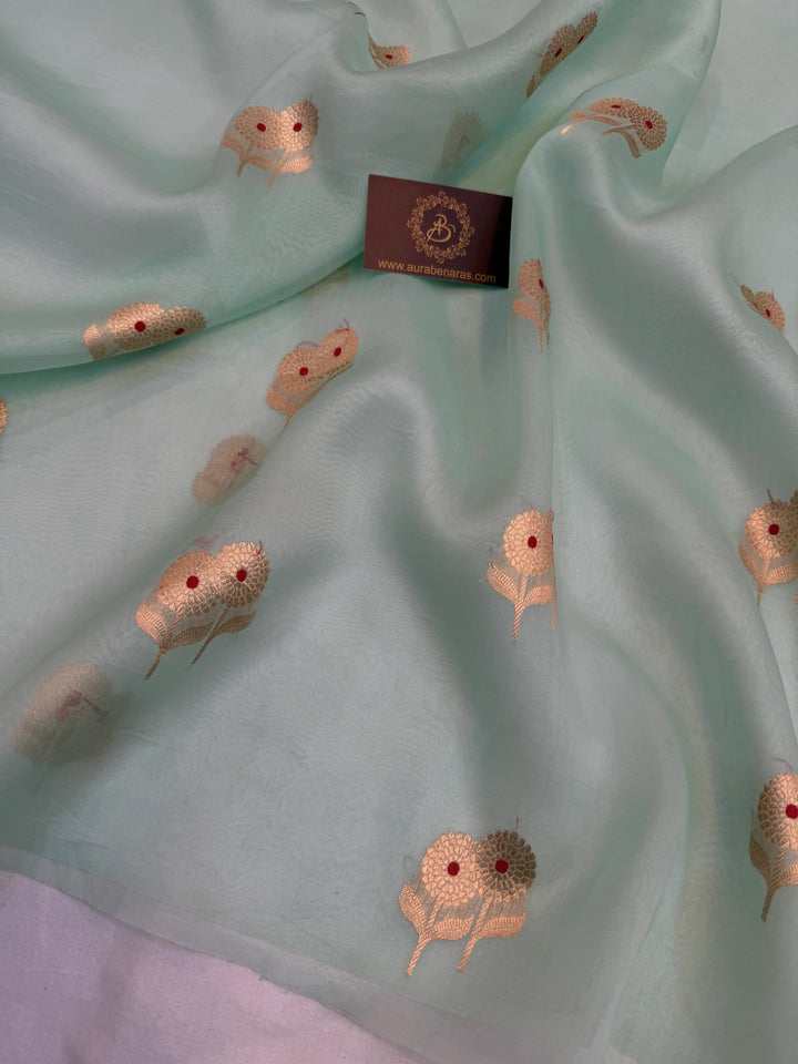 Mint Green Pure Kora Silk Handloom Banarasi Saree