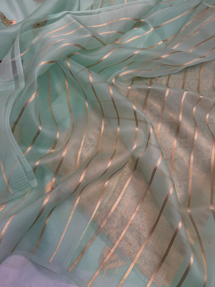 Mint Green Pure Kora Silk Handloom Banarasi Saree