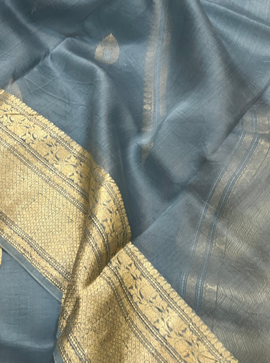 Airforce Blue Pure Banarasi Handloom Kora Silk Saree - Aura Benaras