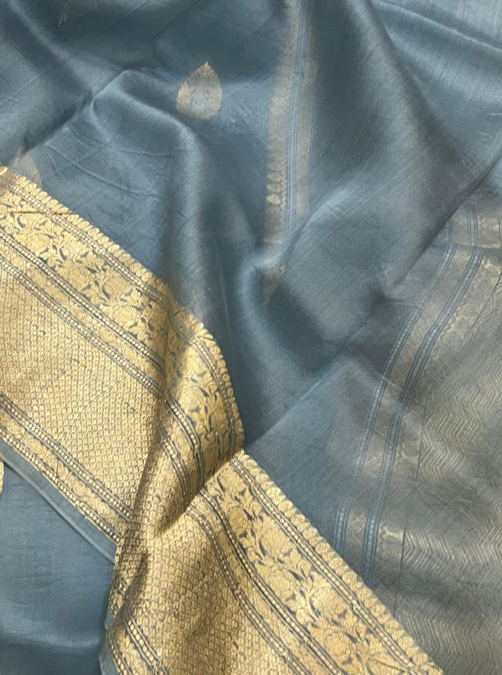 Airforce Blue Pure Banarasi Handloom Kora Silk Saree - Aura Benaras