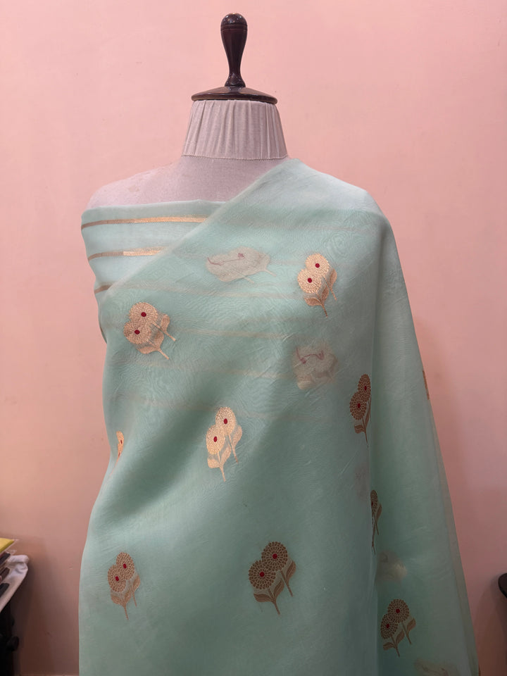 Mint Green Pure Kora Silk Handloom Banarasi Saree