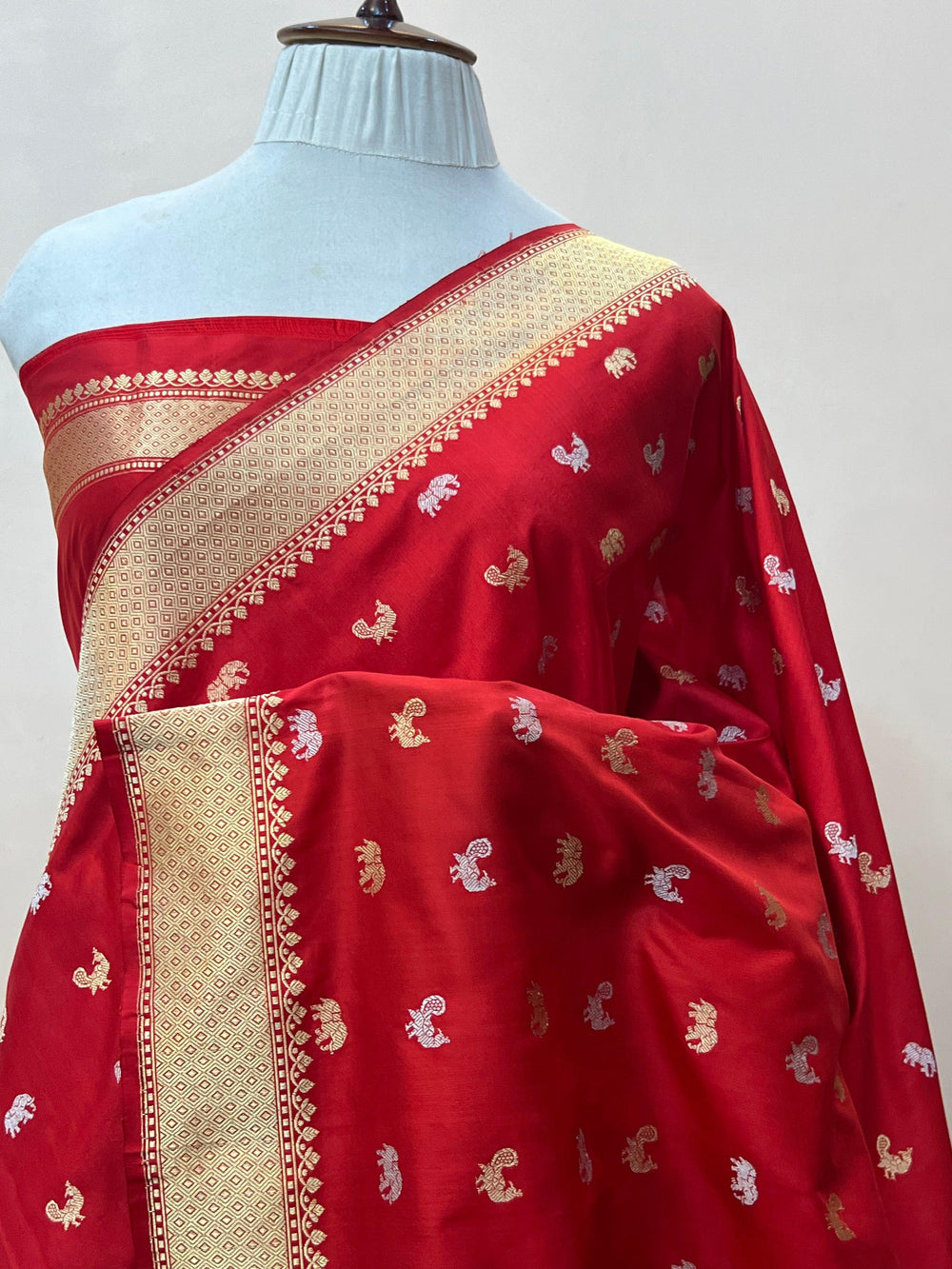 Pure Katan silk handloom Banarasi saree with Sona Rupa elephant and peacock butis and traditional Banarasi border