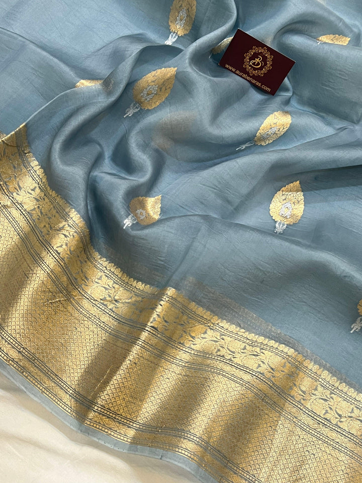 Airforce Blue Pure Banarasi Handloom Kora Silk Saree - Aura Benaras