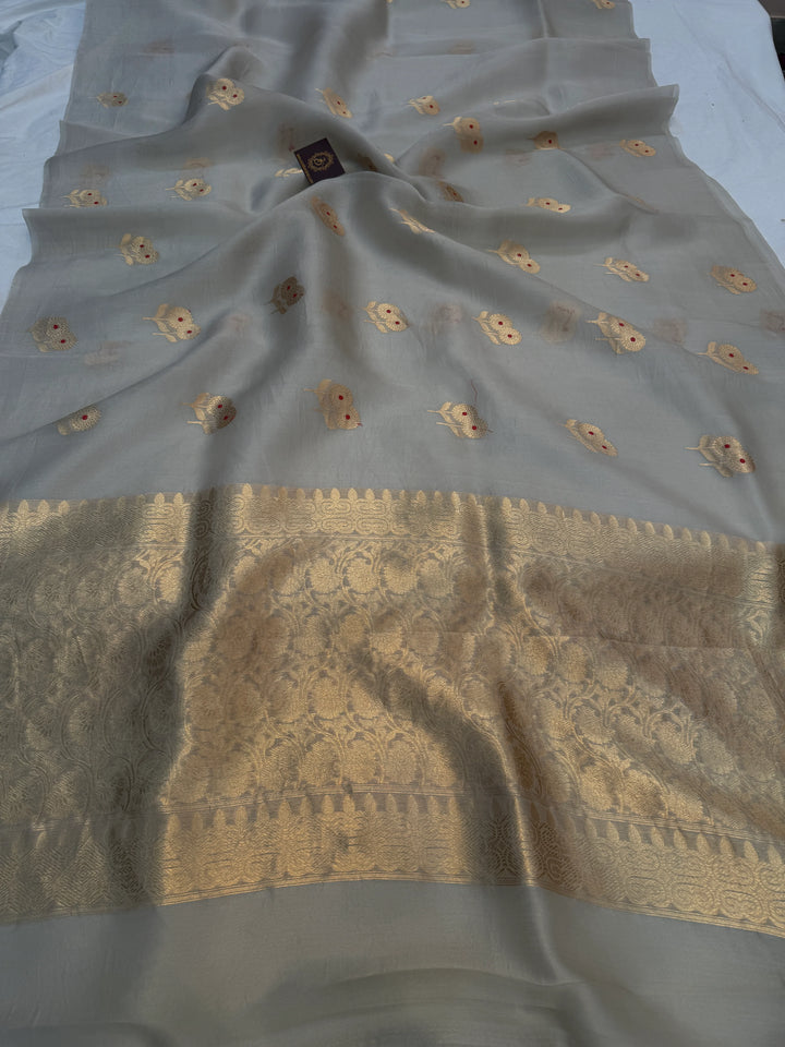 Ash Grey Pure Kora Silk Handloom Banarasi Saree