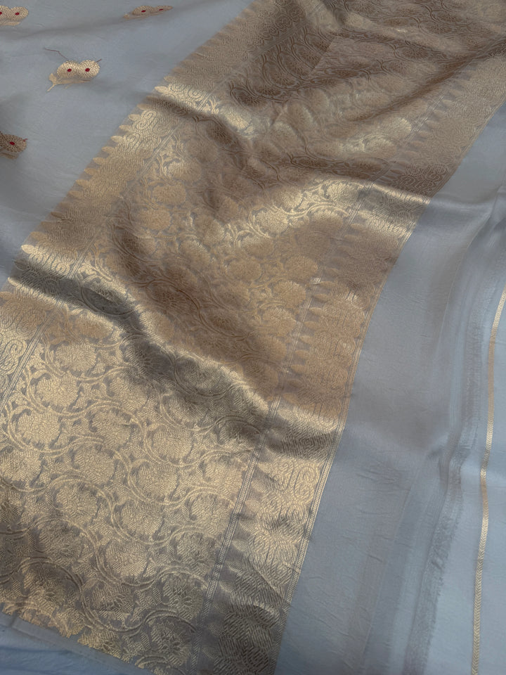 Ash Grey Pure Kora Silk Handloom Banarasi Saree