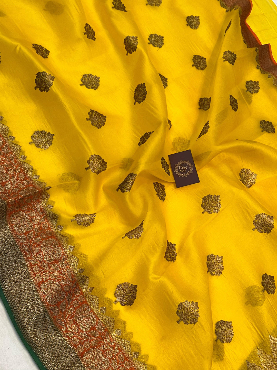 Yellow Banarasi Handloom Kora Silk Saree - Aura Benaras