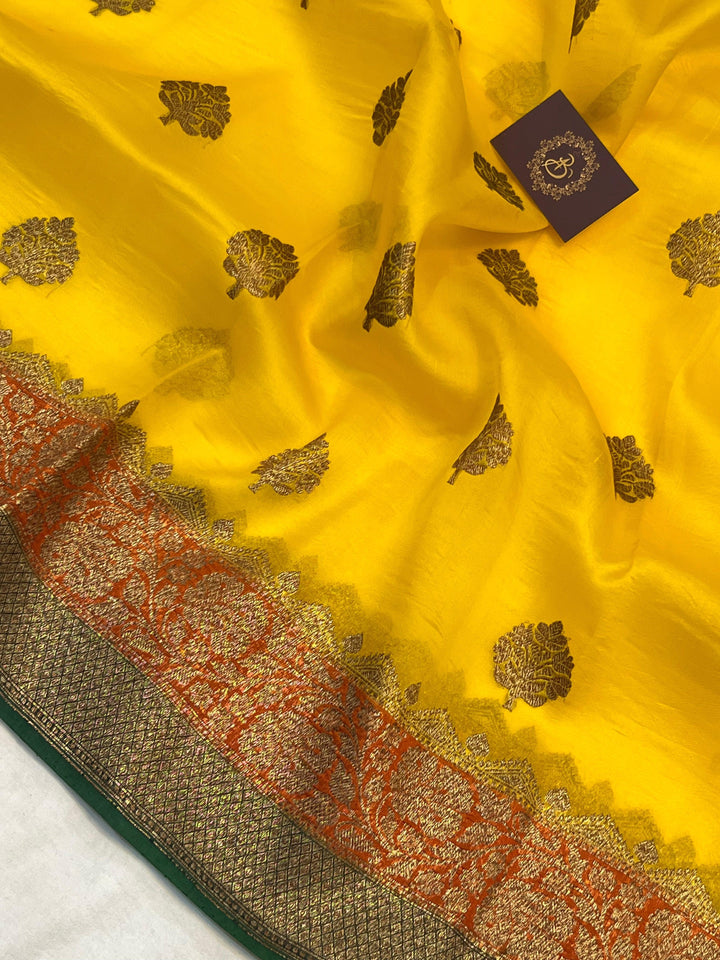 Yellow Banarasi Handloom Kora Silk Saree - Aura Benaras