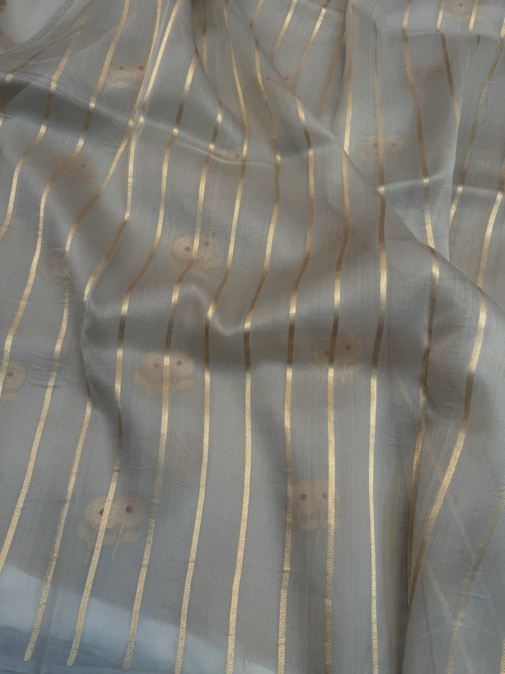 Ash Grey Pure Kora Silk Handloom Banarasi Saree