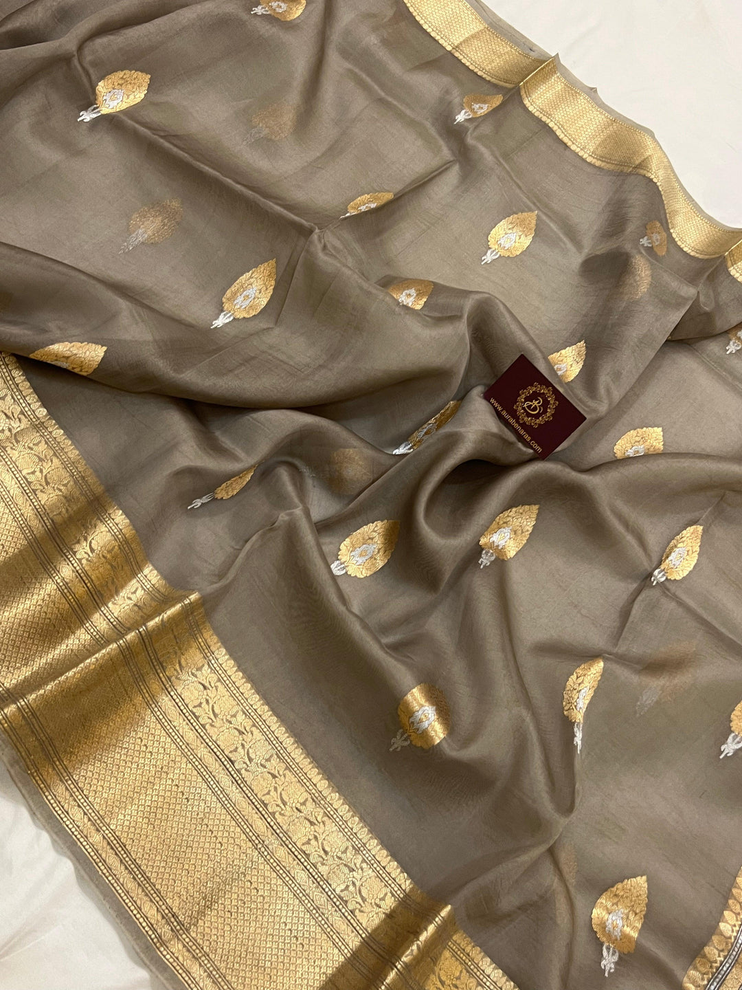 Grey Pure Banarasi Handloom Kora Silk Saree - Aura Benaras