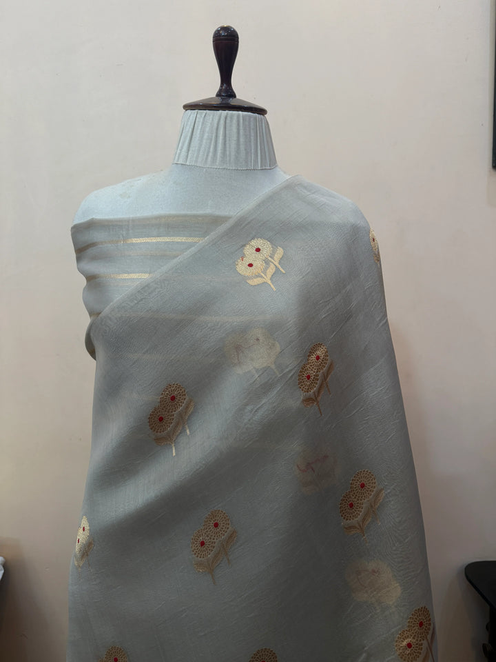 Ash Grey Pure Kora Silk Handloom Banarasi Saree