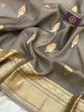 Grey Pure Banarasi Handloom Kora Silk Saree - Aura Benaras