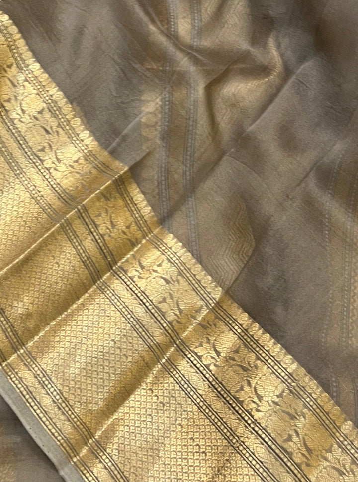 Grey Pure Banarasi Handloom Kora Silk Saree - Aura Benaras